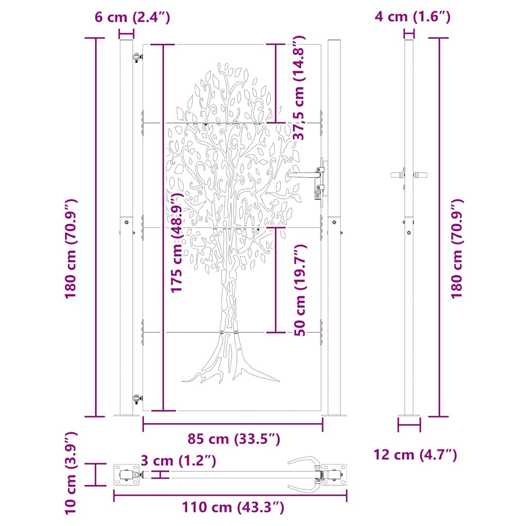 vidaXL Brama ogrodowa Czarny 110 x 180 cm Stal Malowana Proszkowo