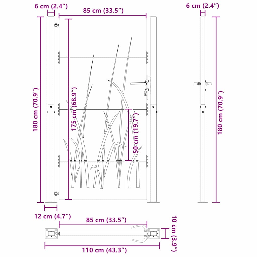 vidaXL Brama ogrodowa Czarny 110 x 180 cm Stal Malowana Proszkowo