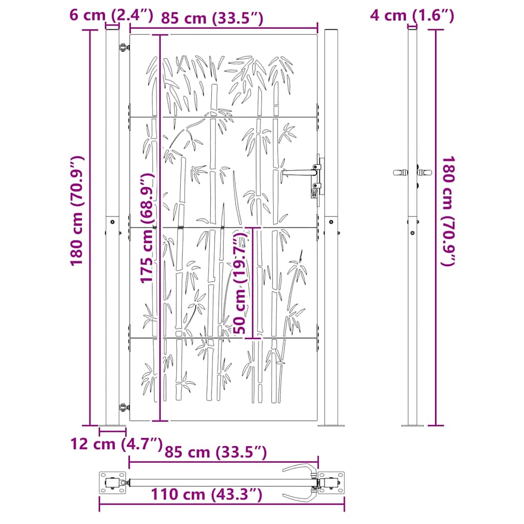 vidaXL Brama ogrodowa Czarny 110 x 180 cm Stal malowana proszkowo