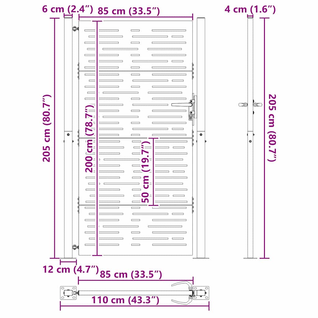 vidaXL Brama ogrodowa Czarny 110 x 205 cm Stal malowana proszkowo
