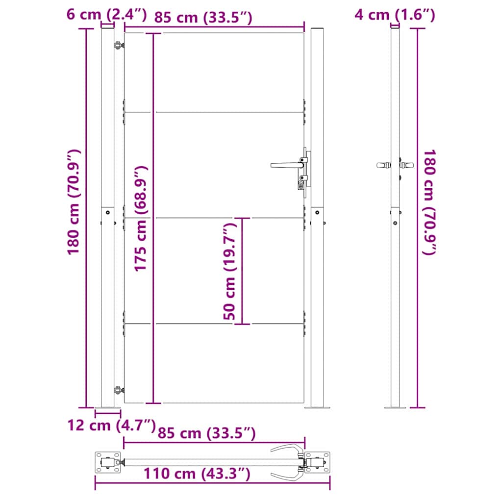 vidaXL Brama ogrodowa Czarny 110 x 180 cm Stal malowana proszkowo