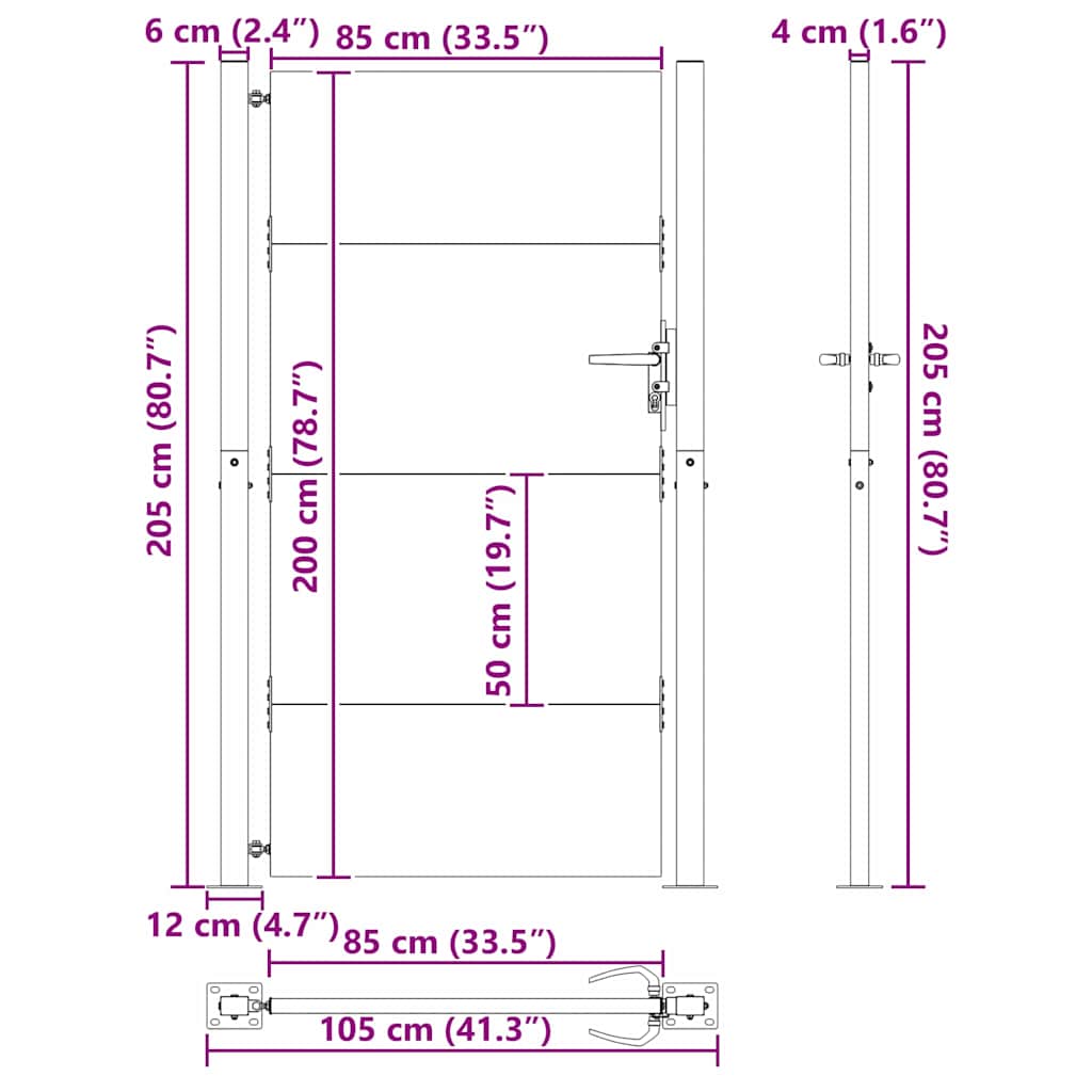 vidaXL Brama ogrodowa Czarny 105 x 205 cm Stal malowana proszkowo