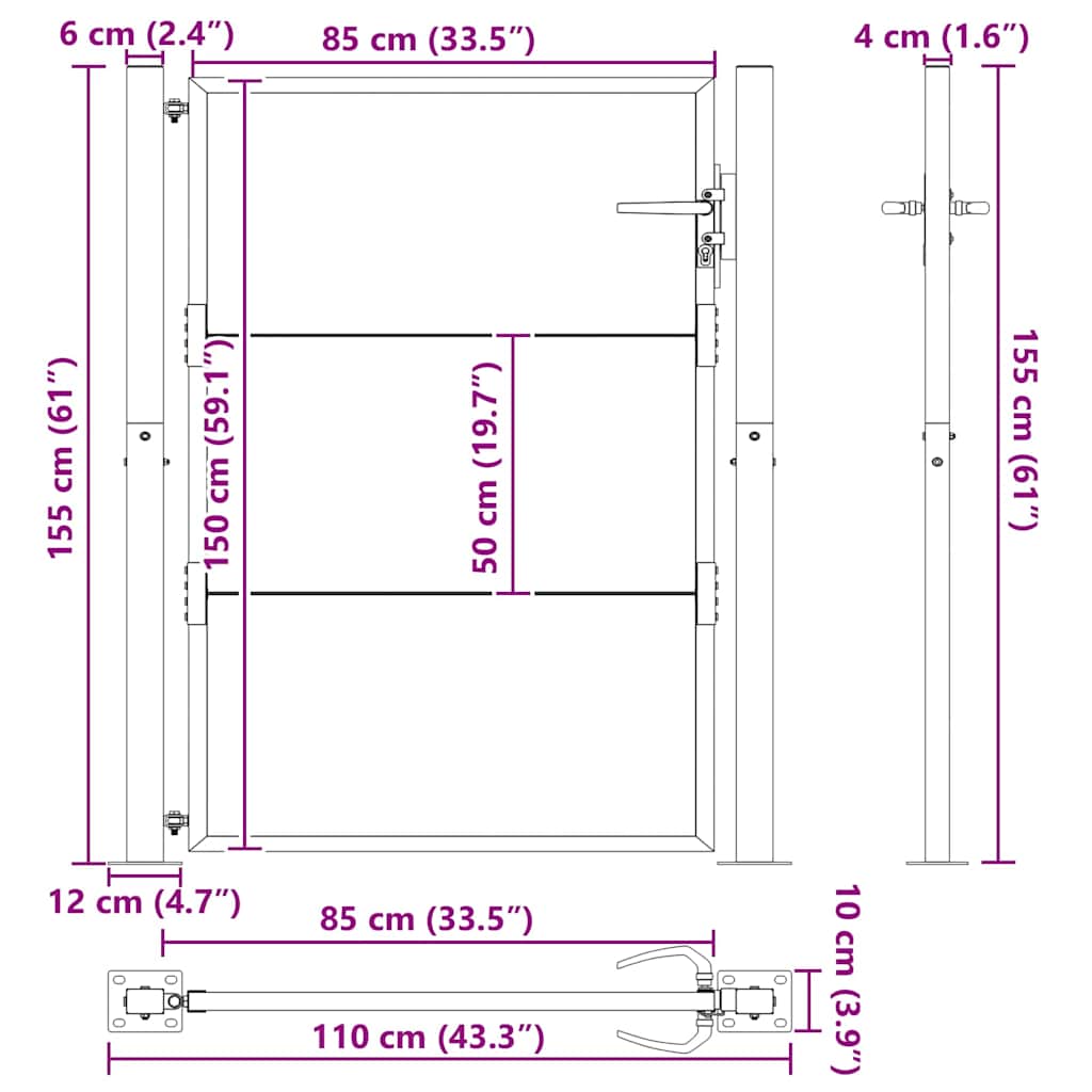 vidaXL Brama ogrodowa Czarny 110 x 155 cm Stal malowana proszkowo