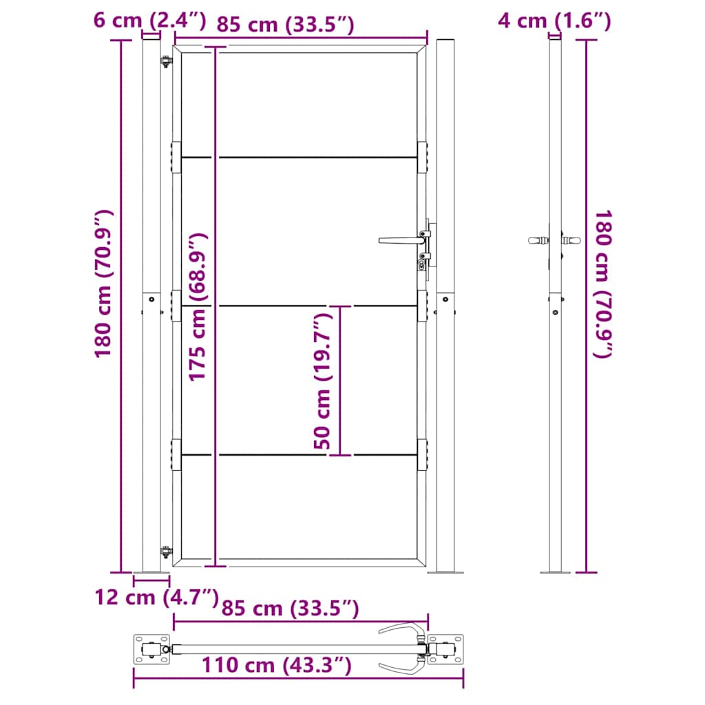 vidaXL Brama ogrodowa Czarny 110 x 180 cm Stal malowana proszkowo