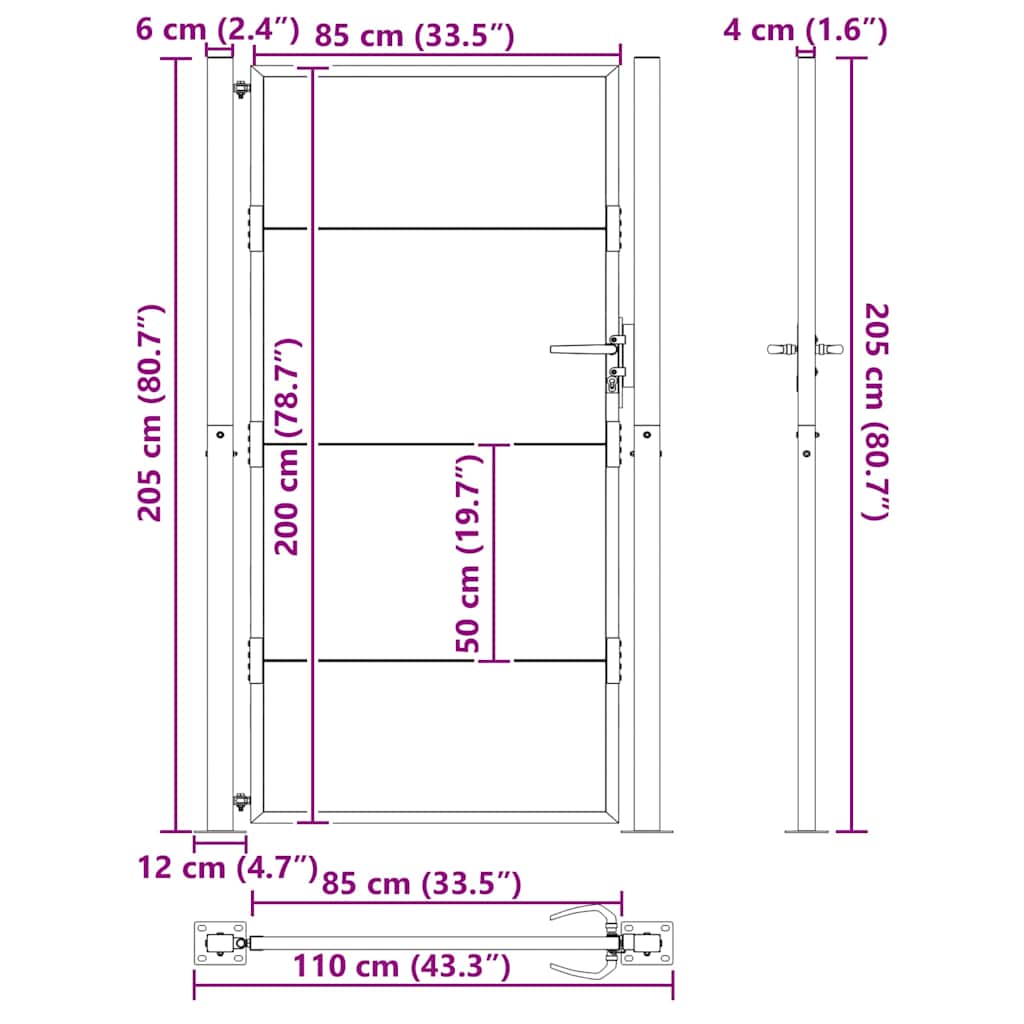 vidaXL Brama ogrodowa Czarny 110 x 205 cm Stal malowana proszkowo