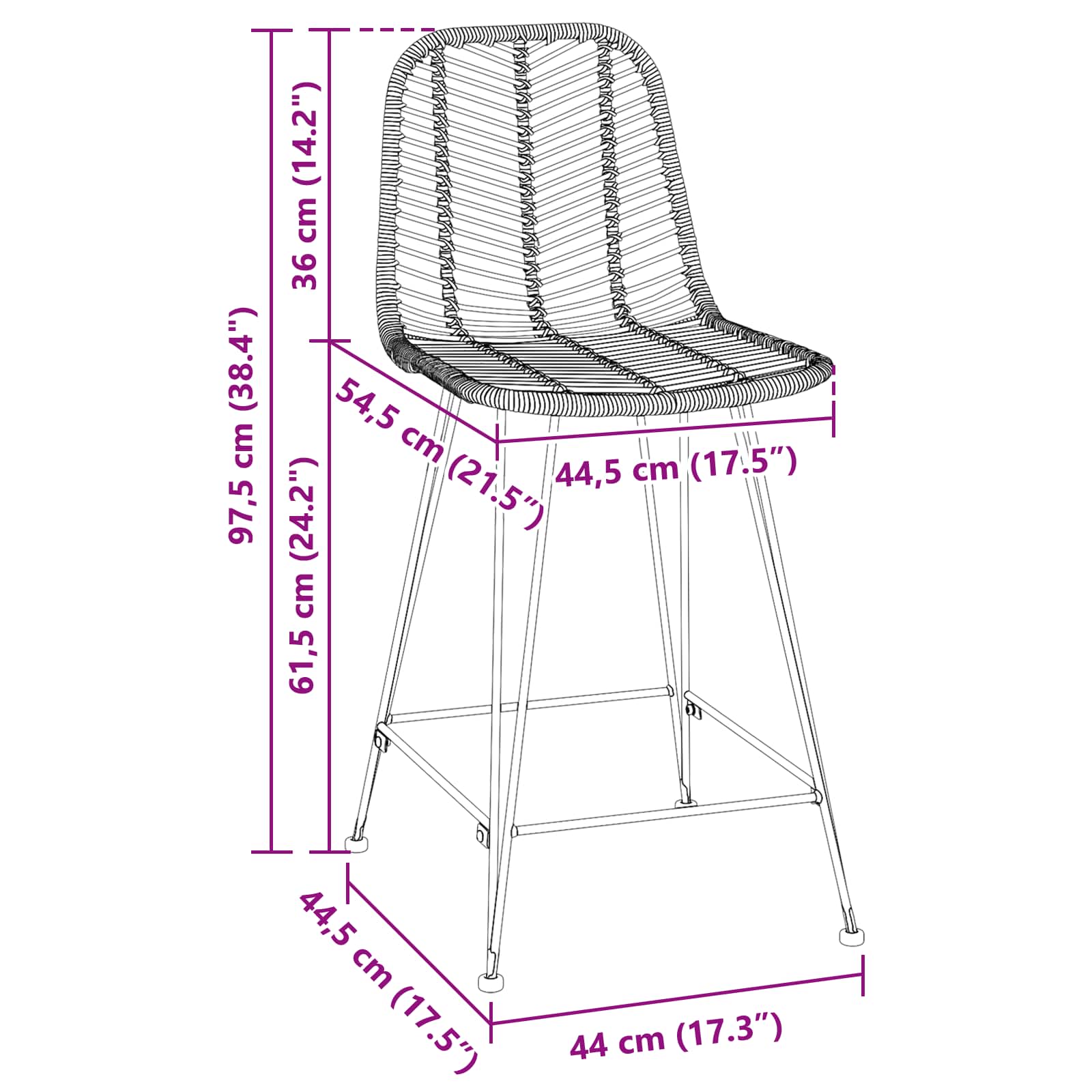 vidaXL Krzesło barowe 2 pcs 44,5 x 54,5 x 97,5 cm Rattan i żelazo