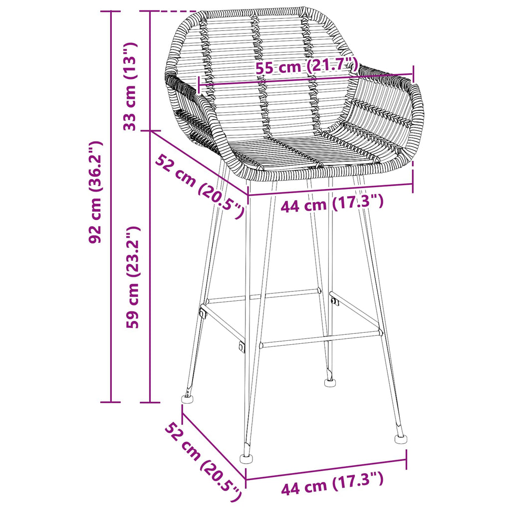 vidaXL Krzesło barowe 2 pcs 55 x 52 x 92 cm Rattan i żelazo