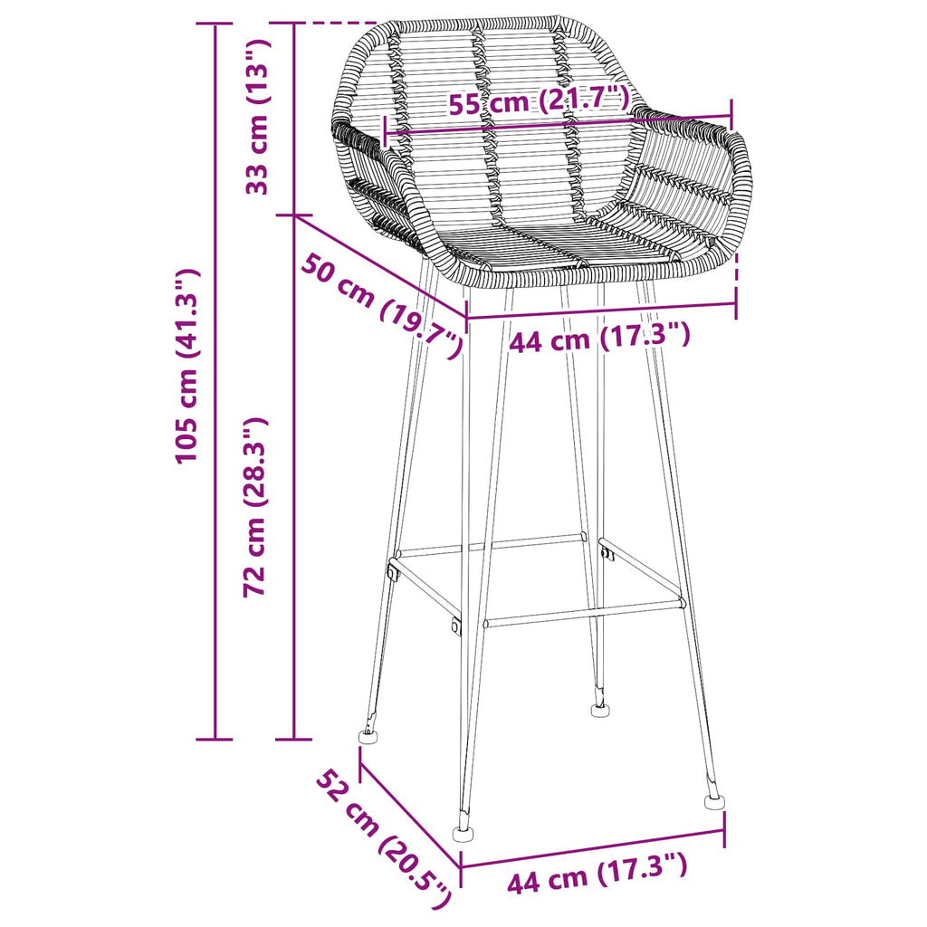 vidaXL Krzesło barowe 2 pcs 55 x 52 x 105 cm Rattan i żelazo