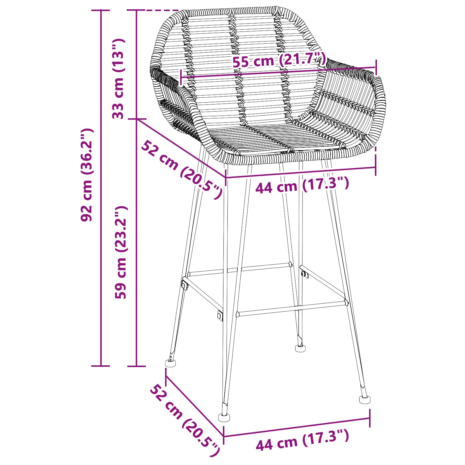 vidaXL Krzesło barowe 2 pcs 55 x 52 x 92 cm Rattan i żelazo