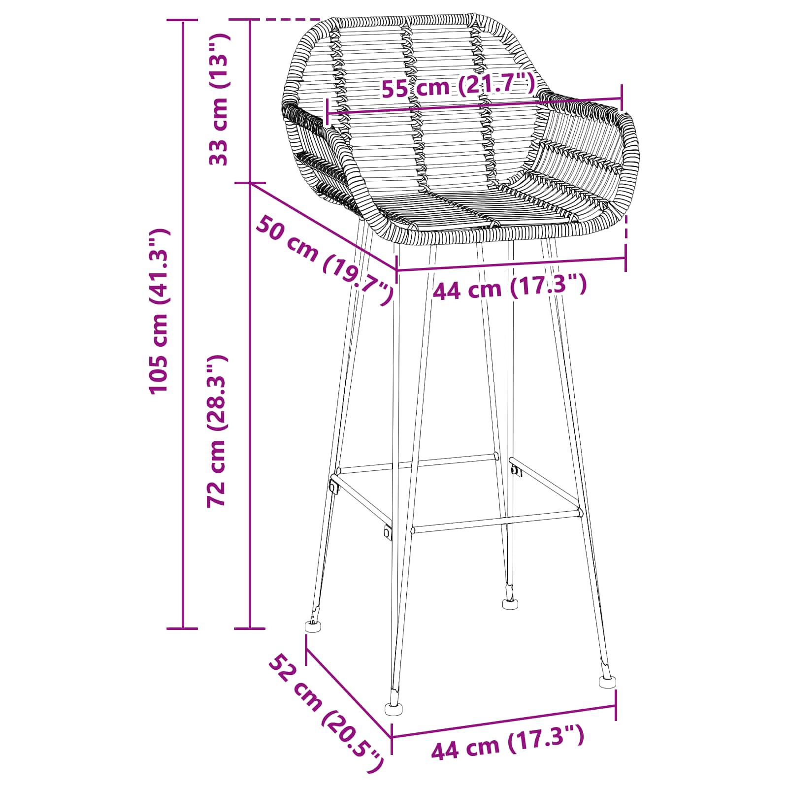 vidaXL Krzesło barowe 2 pcs 55 x 52 x 105 cm Rattan i żelazo