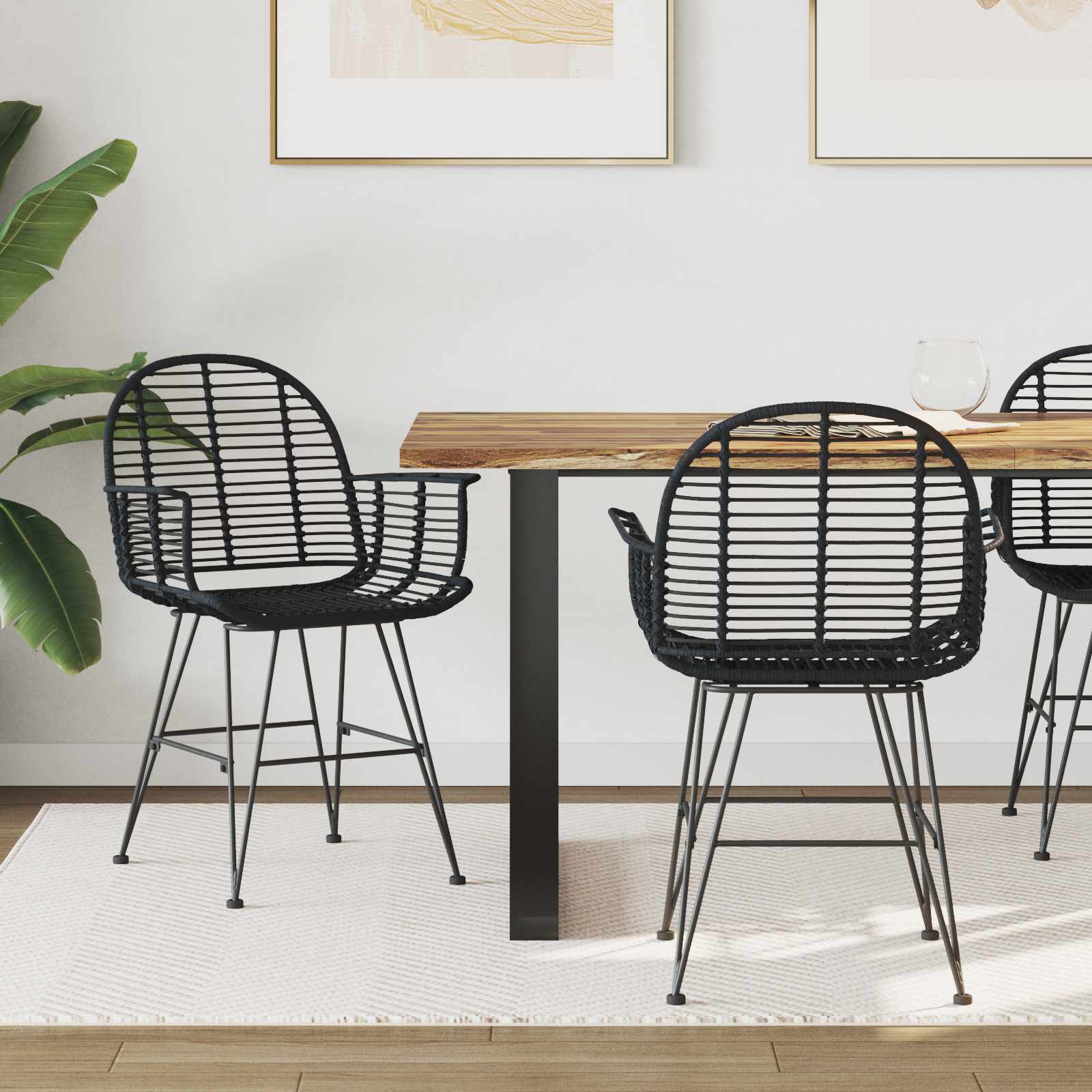 vidaXL Krzesło jadalniane 2 pcs Rattan i żelazo Czarny 57 x 55 x 85 cm