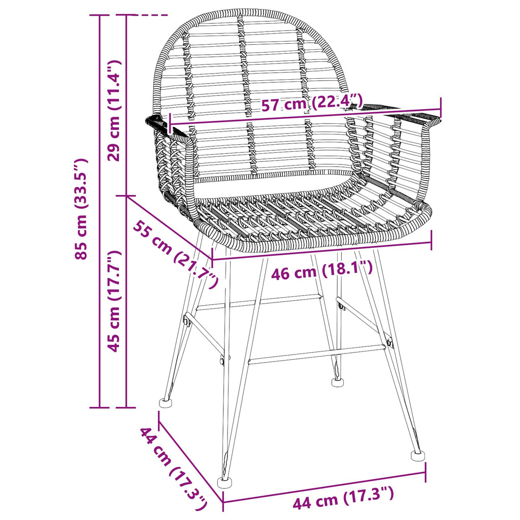 vidaXL Krzesło jadalniane 2 pcs Rattan i żelazo Czarny 57 x 55 x 85 cm