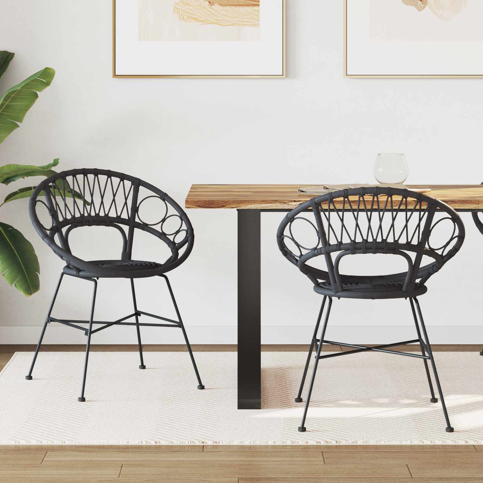 vidaXL Krzesło jadalniane 2 pcs Rattan i żelazo Czarny 54 x 65 x 82 cm