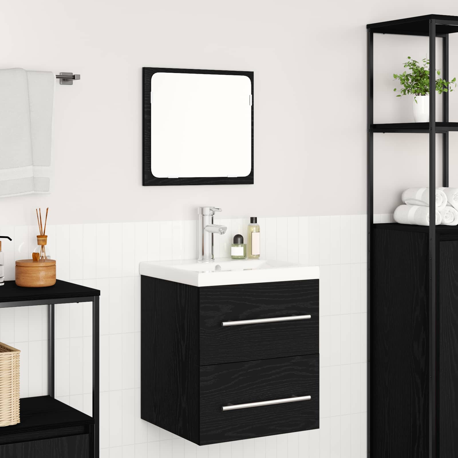 vidaXL Zestaw mebli łazienkowych z szufladą Z lustrem 2 pcs Czarny Dąb
