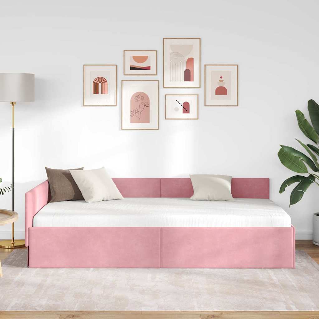 vidaXL Rama łóżka narożnego Z zagłówkiem Różowy 90 cm x 200 cm Aksamit