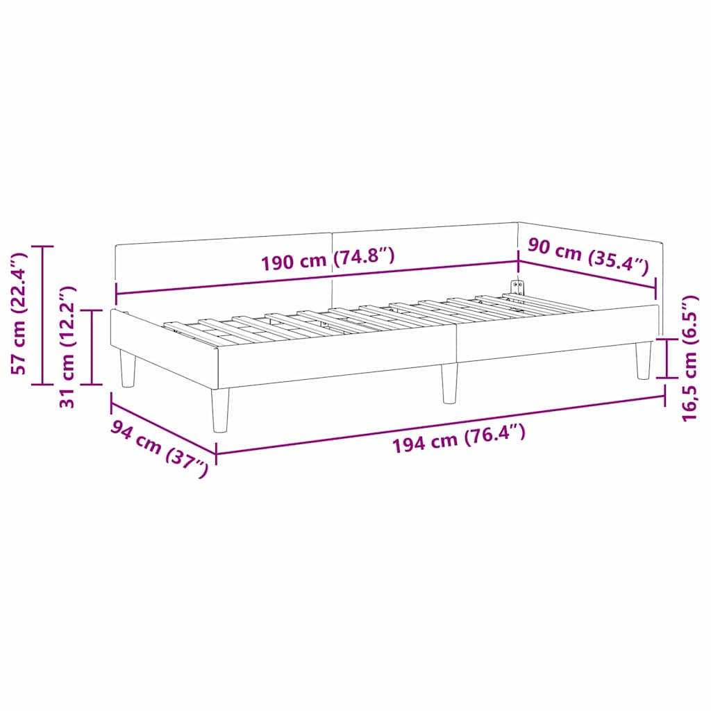 vidaXL Rama łóżka narożnego Ciemnoszary 90 x 190 cm tkanina