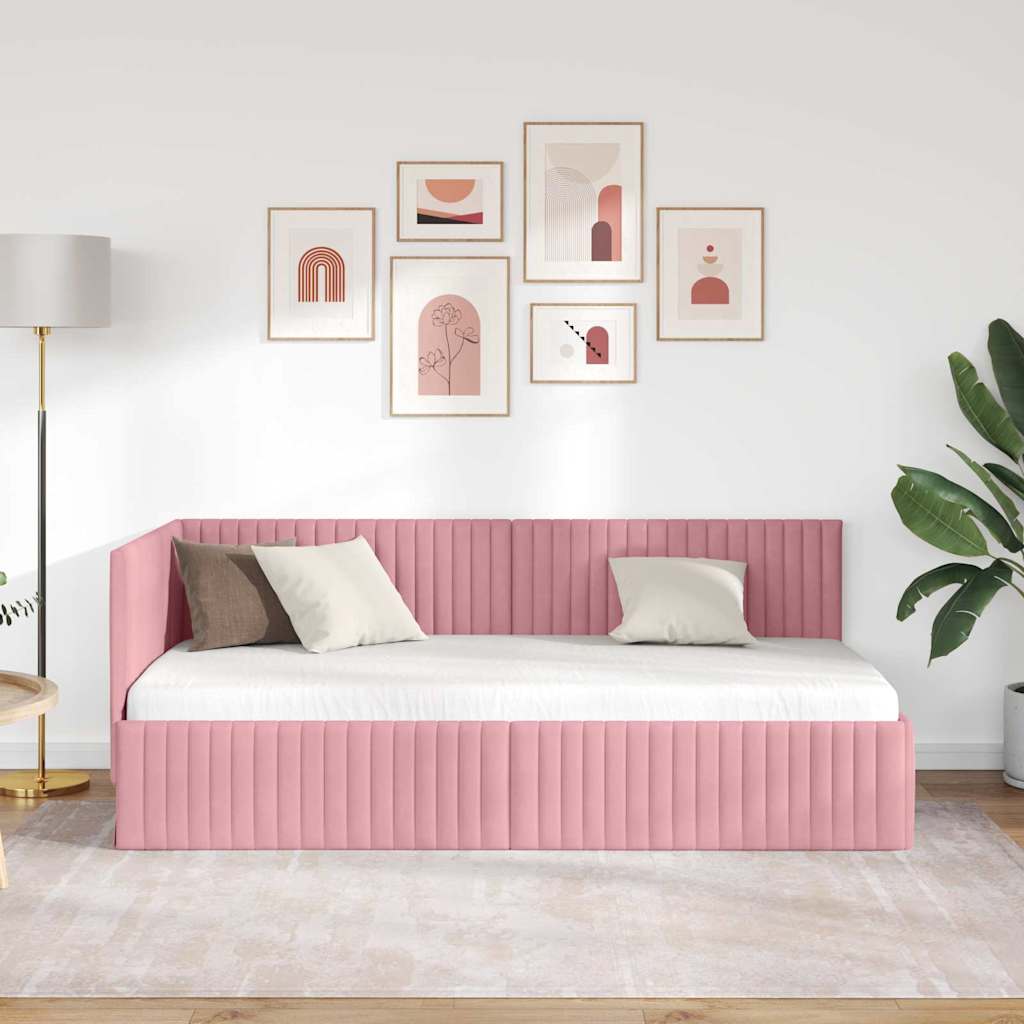 vidaXL Rama łóżka narożnego Z zagłówkiem Różowy 90 cm x 190 cm Aksamit