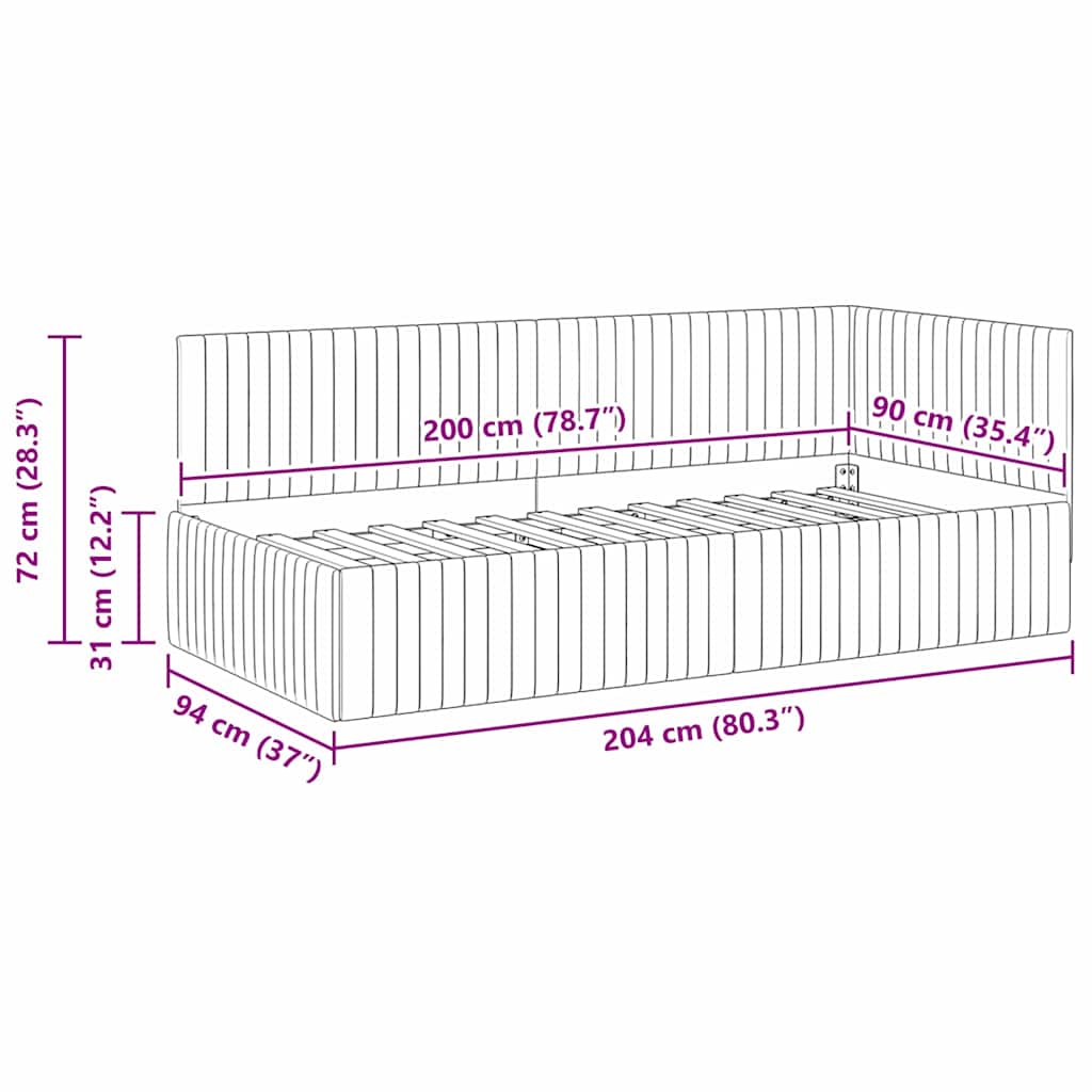 vidaXL Rama łóżka narożnego Czerwone wino 90 cm x 200 cm Aksamit