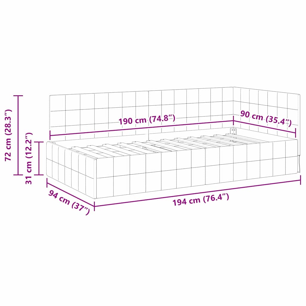 vidaXL Rama łóżka narożnego Z zagłówkiem Żółty 90 cm x 190 cm Aksamit
