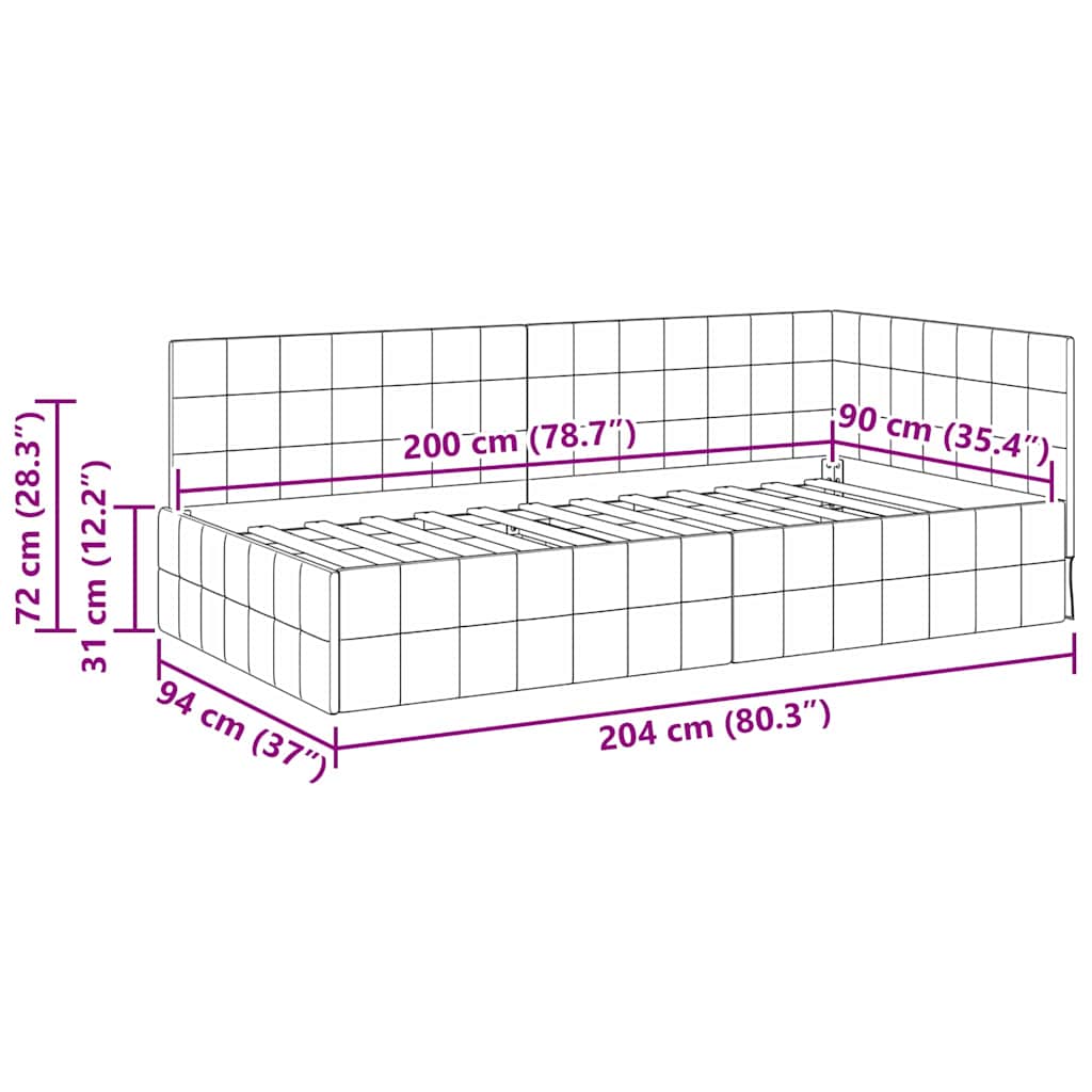 vidaXL Rama łóżka narożnego Z zagłówkiem Żółty 90 cm x 200 cm Aksamit