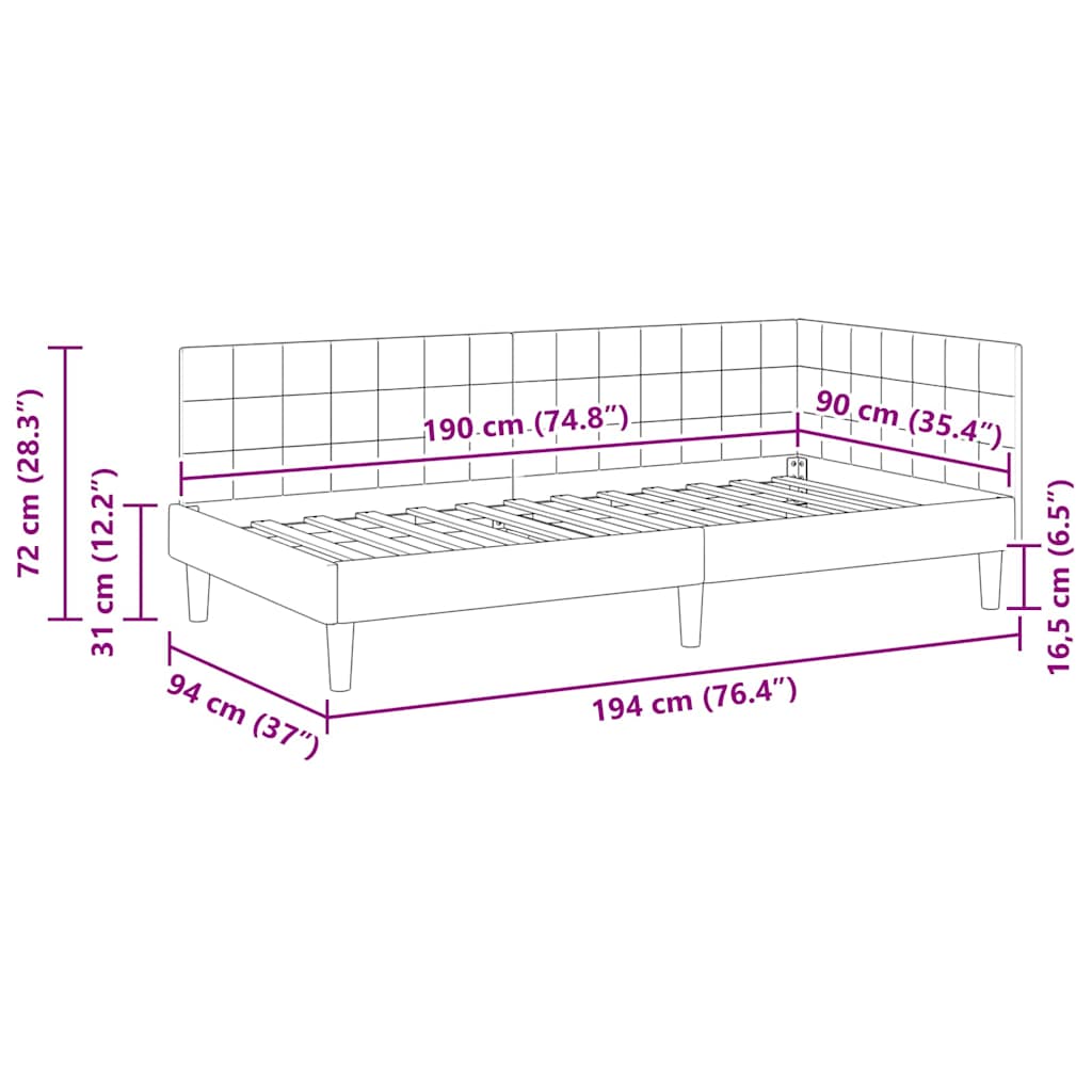vidaXL Rama łóżka narożnego Z zagłówkiem Żółty 90 cm x 190 cm Aksamit