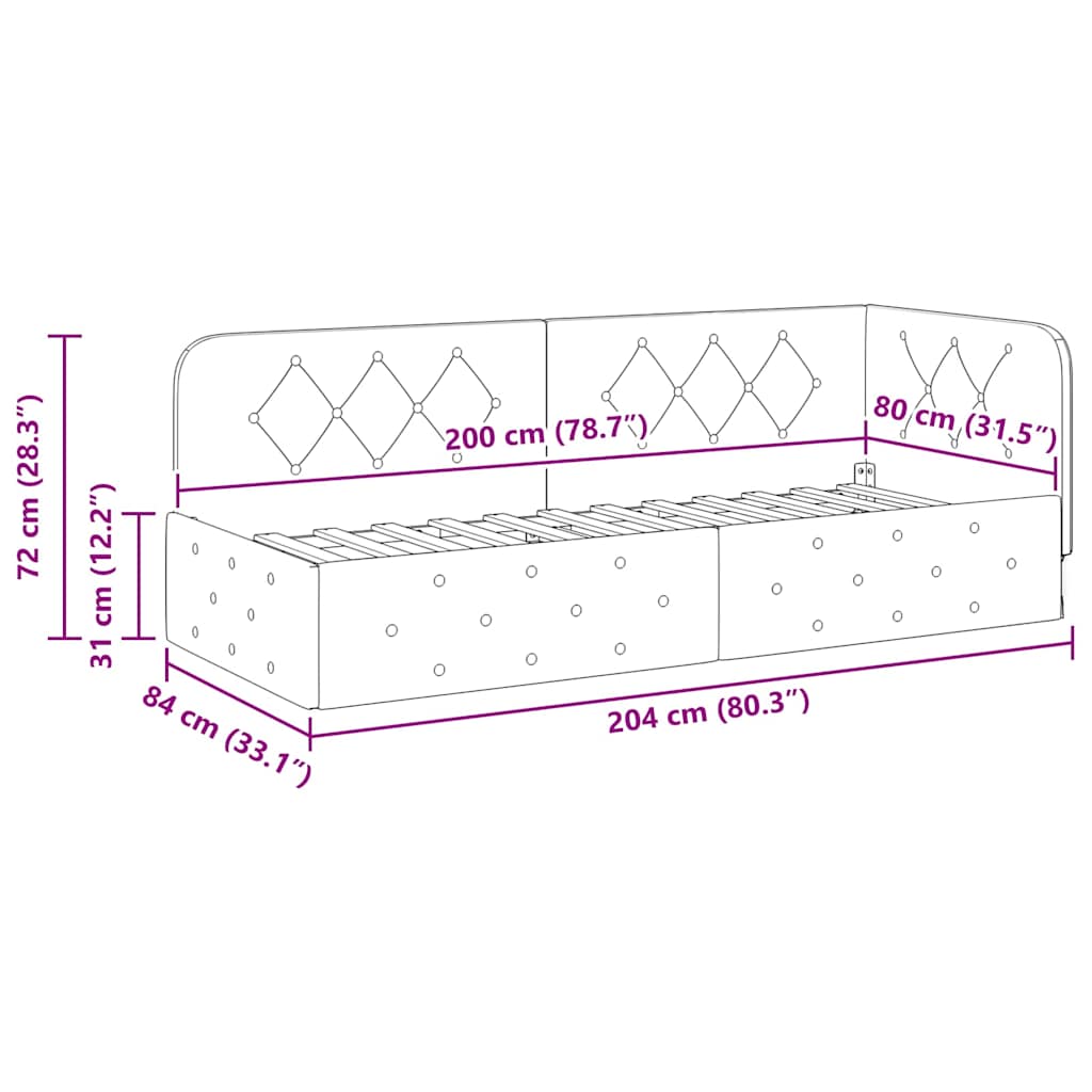 vidaXL Rama łóżka narożnego Turkusowy 80 x 200 cm Aksamit