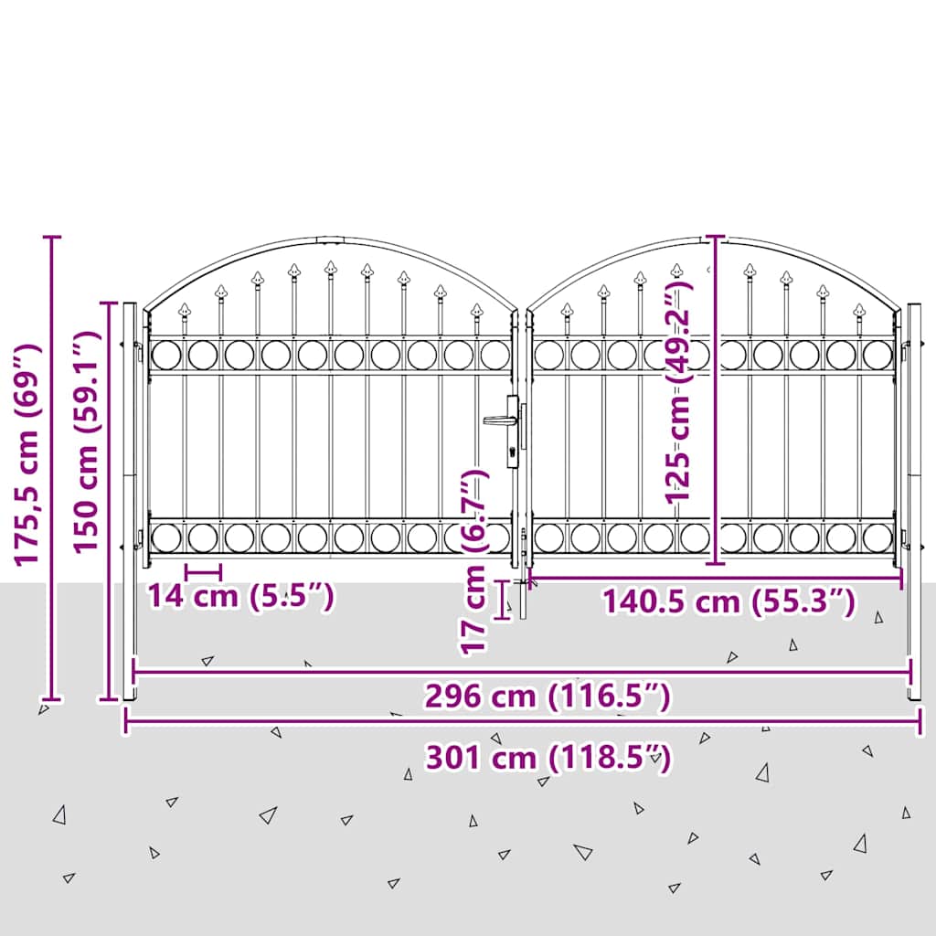 vidaXL Brama ogrodzeniowa ASSEN 301 x 175,5 cm Stal Szary Zamykane