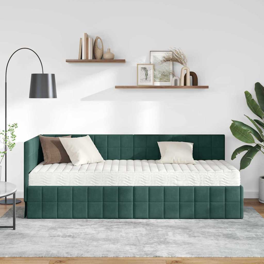 vidaXL Rama Łóżka Narożnego z Materacem 2 pcs Zielony Aksamit