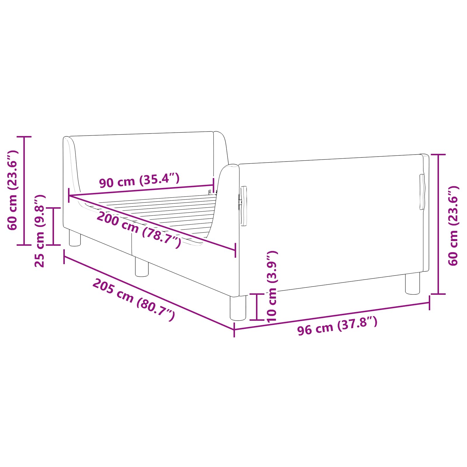 vidaXL Łóżko Dziecięce z Ramą i Zagłówkiem Fioletowy 90 x 200 cm Welur