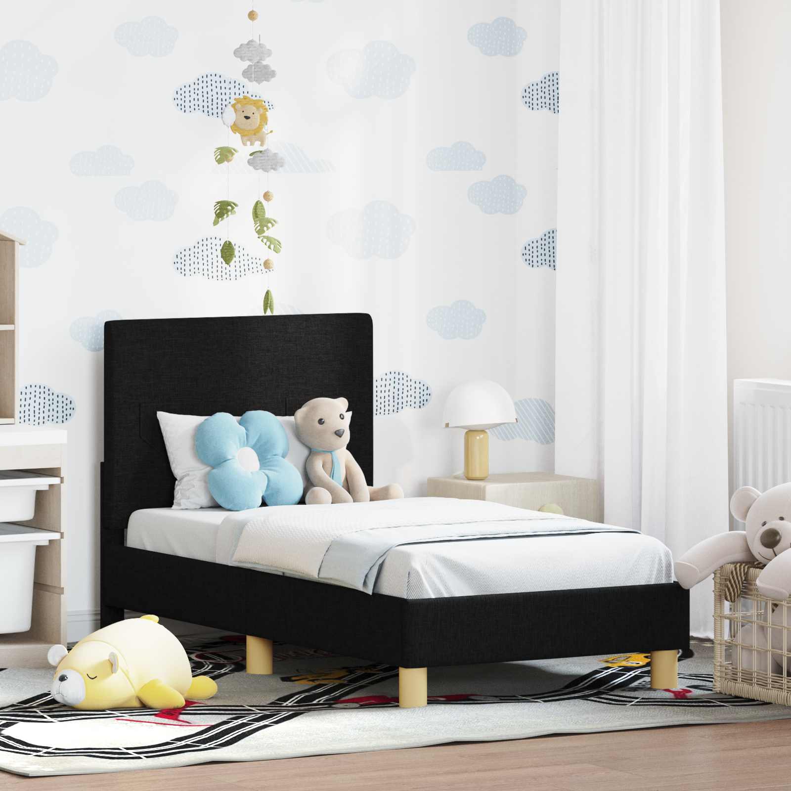 vidaXL Stelaż łóżka dla malucha z oparciem Czarny 70 x 140 cm tkanina