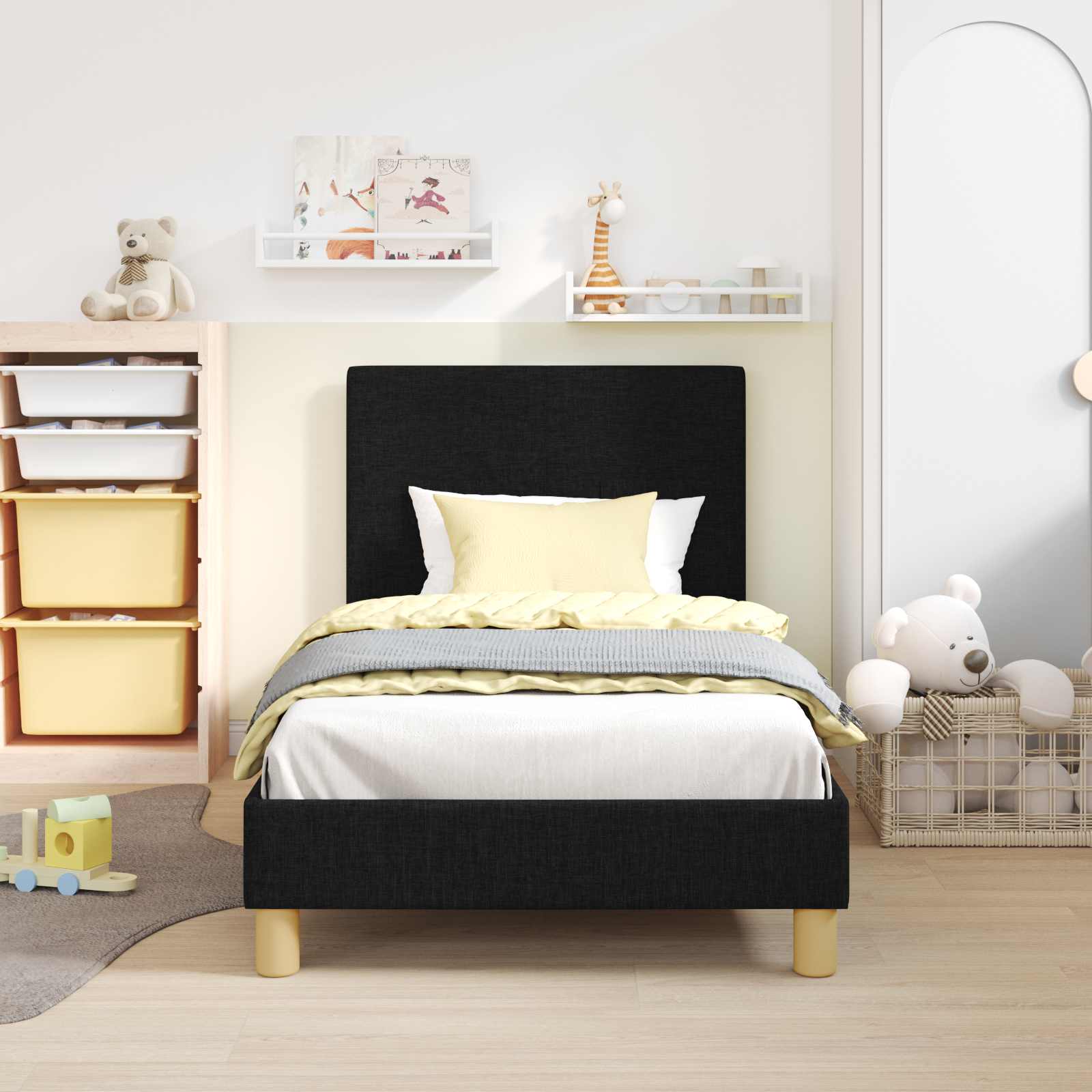 vidaXL Łóżko Dziecięce z Ramą i Zagłówkiem Czarny 80 x 160 cm tkanina