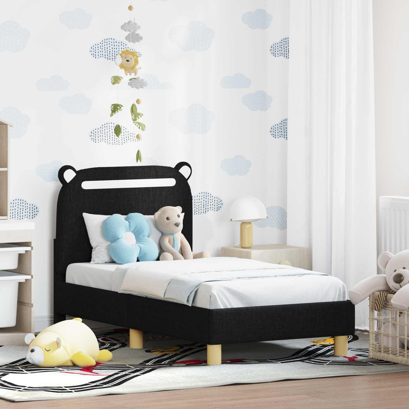 vidaXL Stelaż łóżka dla malucha z oparciem Czarny 70 x 140 cm tkanina