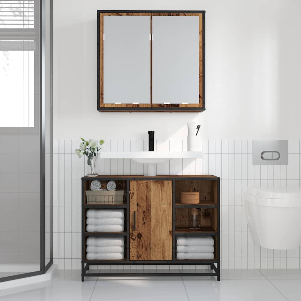 vidaXL Półka ścienna z półką z drzwiami Stare drewno 65 x 20 x 60 cm