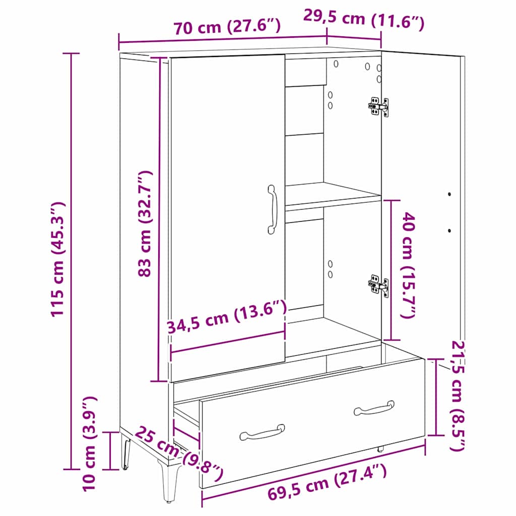 vidaXL Highboard z szufladą Czarny Dąb 70 x 31 x 115 cm