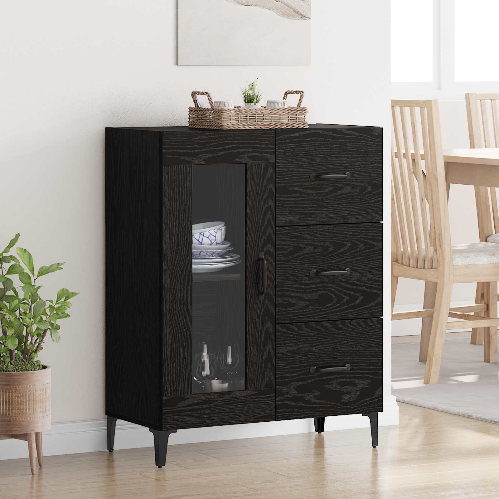 vidaXL Bufet Czarny Dąb 69,5 x 34 x 90 cm Drewno inżynieryjne i żelazo
