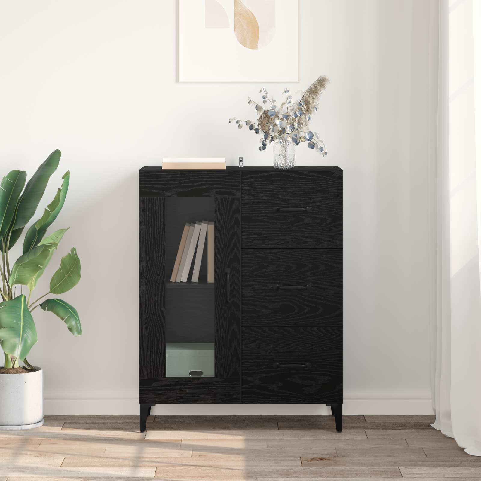 vidaXL Bufet Czarny Dąb 69,5 x 34 x 90 cm Drewno inżynieryjne i żelazo