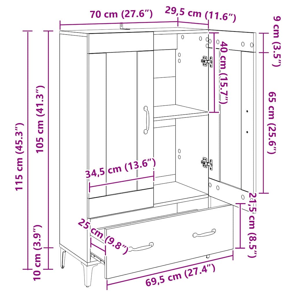 vidaXL Highboard z szufladą Stare drewno 70 x 31 x 115 cm