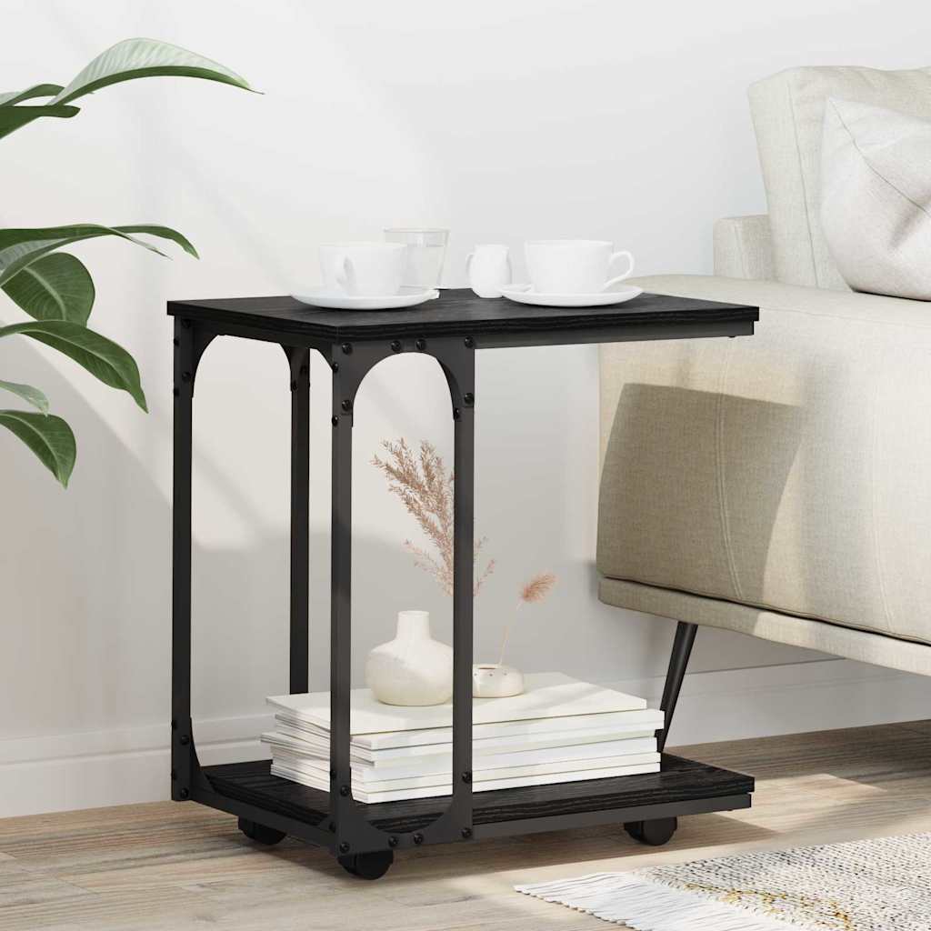 vidaXL Stolik boczny z półką z kołem Czarny Dąb 50 x 35 x 55.5 cm