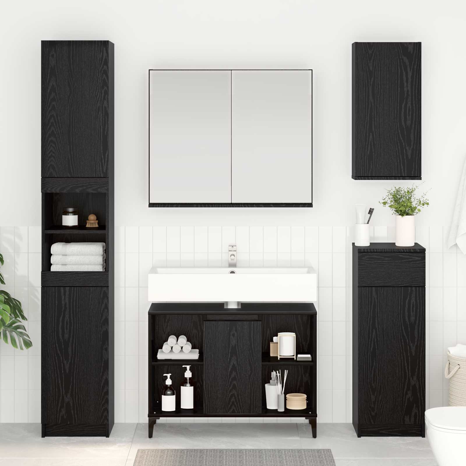 vidaXL Szafka umywalkowa z półką z drzwiami Czarny Dąb 80 x 33 x 60 cm