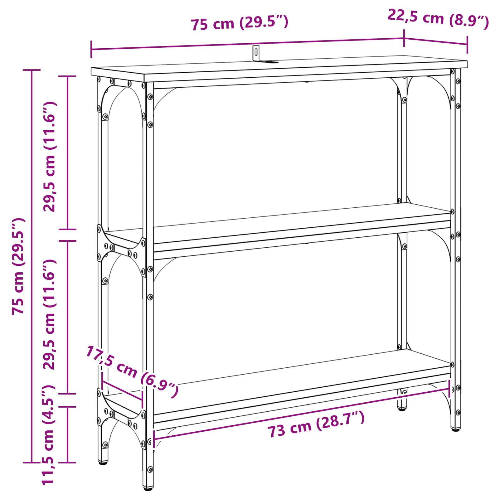 vidaXL Konsola Czarny Dąb 75 x 22,5 x 75 cm Materiał drewnopochodny