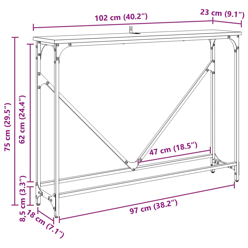 vidaXL Konsola Czarny Dąb 102 x 23 x 75 cm Materiał drewnopochodny