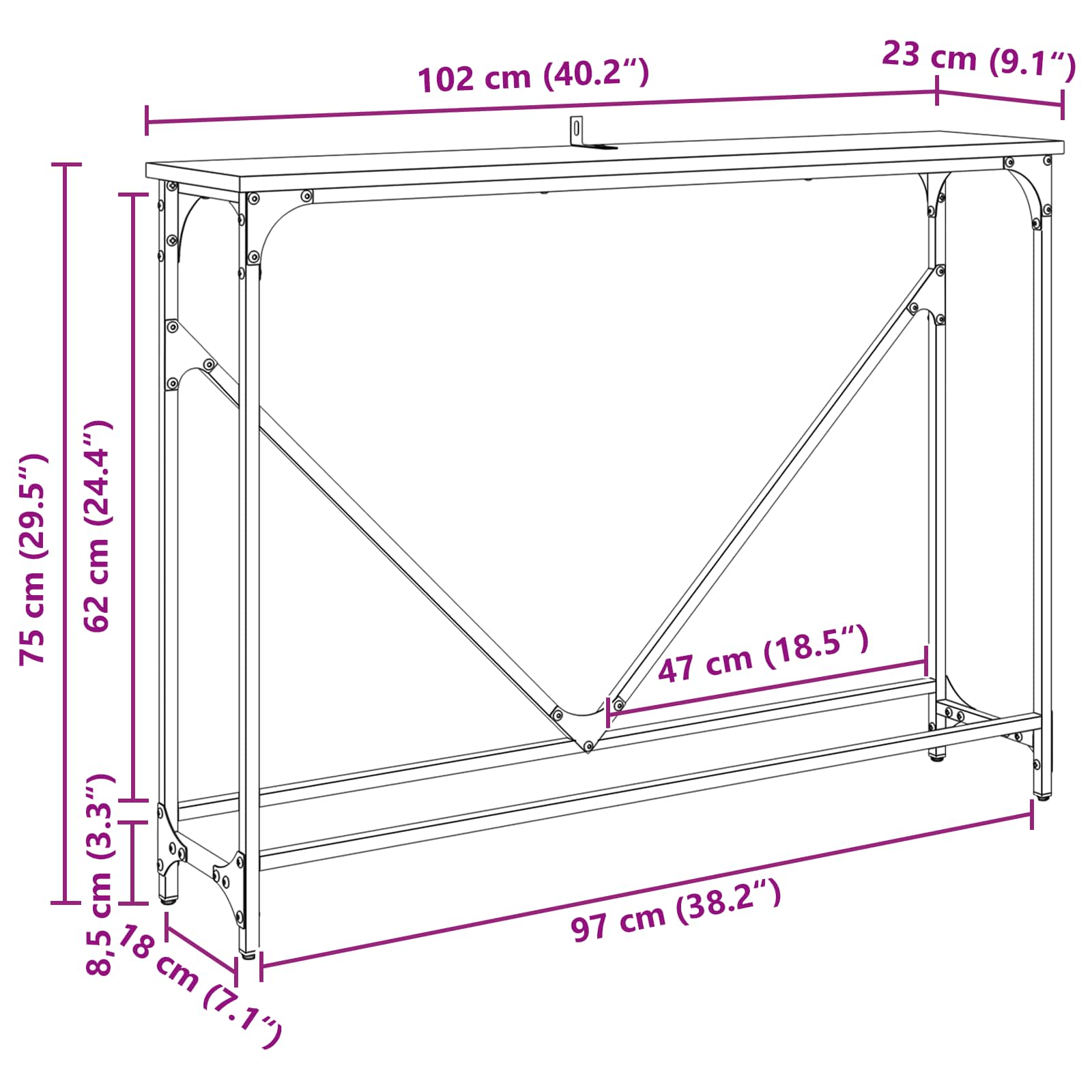 vidaXL Konsola Czarny Dąb 102 x 23 x 75 cm Materiał drewnopochodny