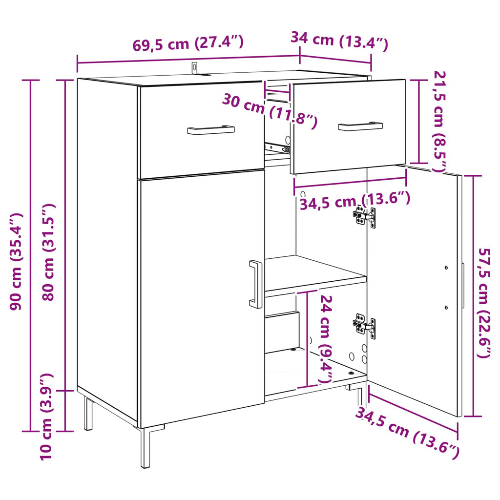 vidaXL Bufet Stare drewno 69,5 x 34 x 90 cm Materiał drewnopochodny