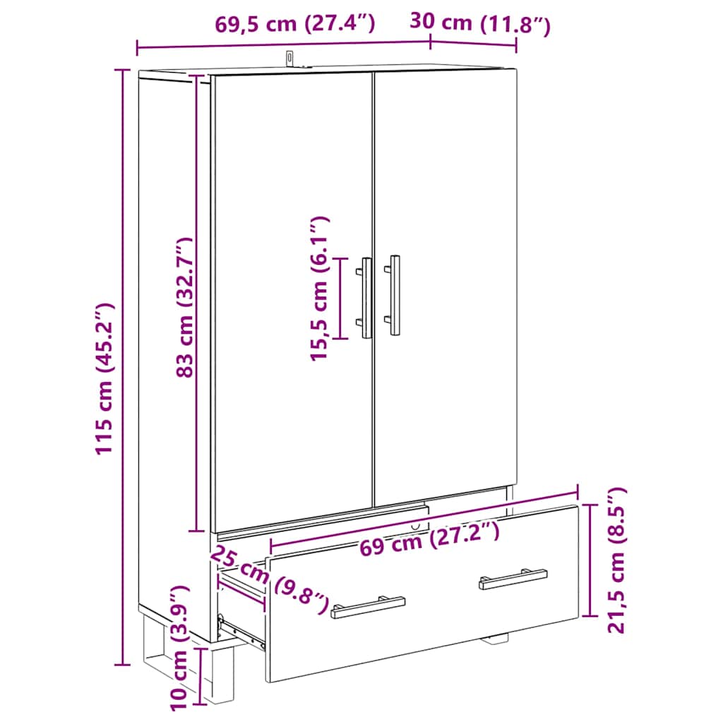 vidaXL Highboard Czarny Dąb 69,5 x 30 x 115 cm Materiał drewnopochodny