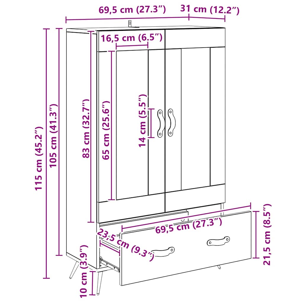 vidaXL Highboard z szufladą Dąb rzemieślniczy 69,5 x 31 x 115 cm