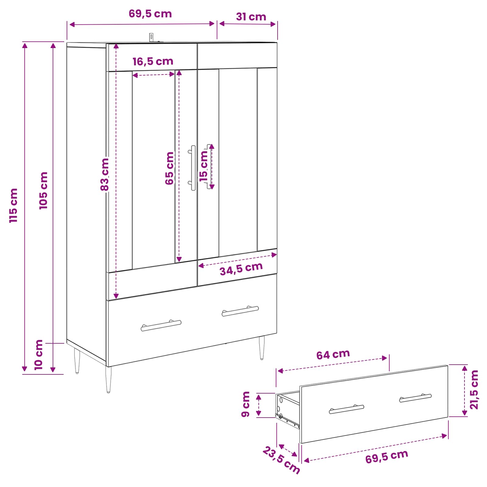 vidaXL Highboard z szufladą Dąb rzemieślniczy 69,5 x 31 x 115 cm