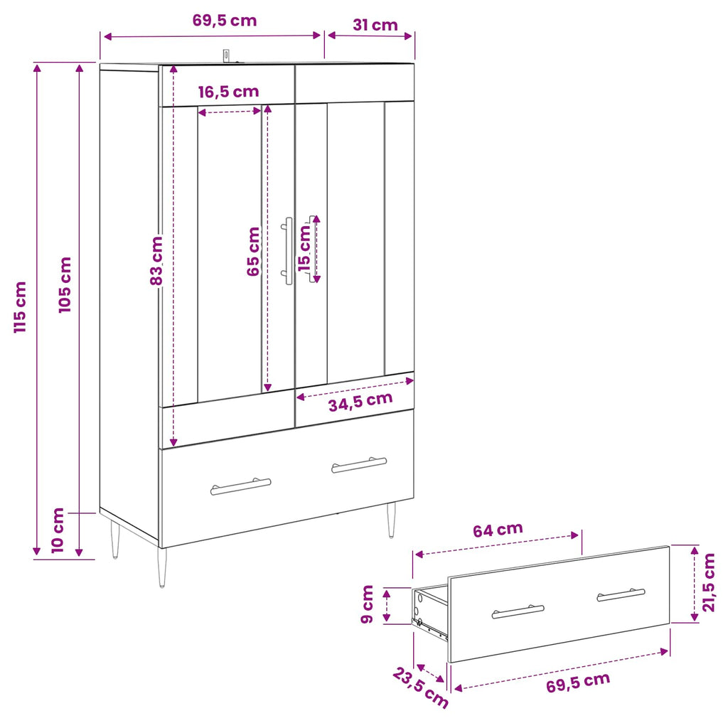vidaXL Highboard z szufladą Czarny Dąb 69,5 x 31 x 115 cm
