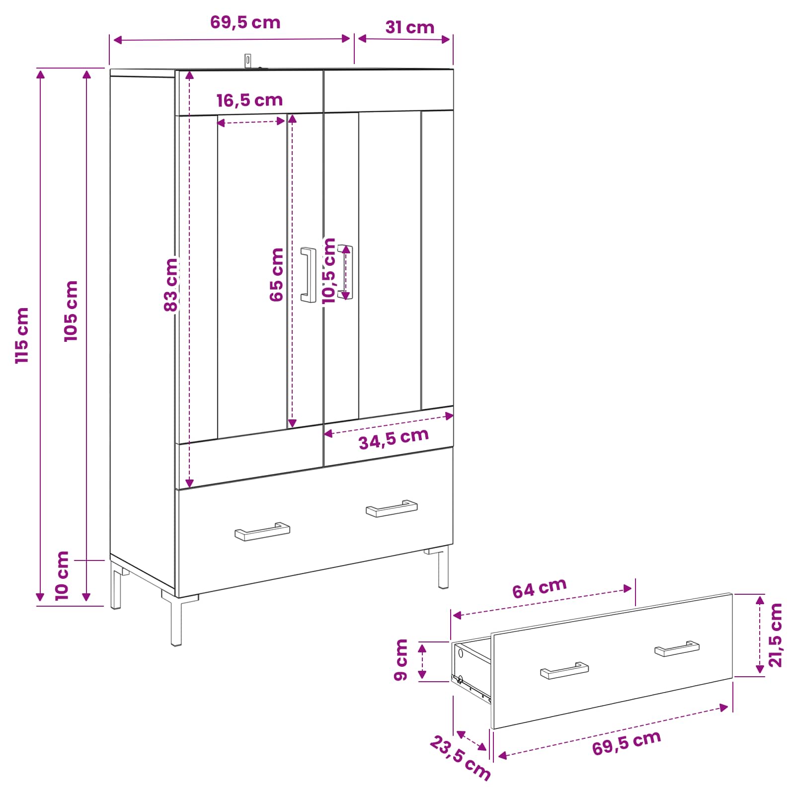 vidaXL Highboard z szufladą Dąb rzemieślniczy 69,5 x 31 x 115 cm