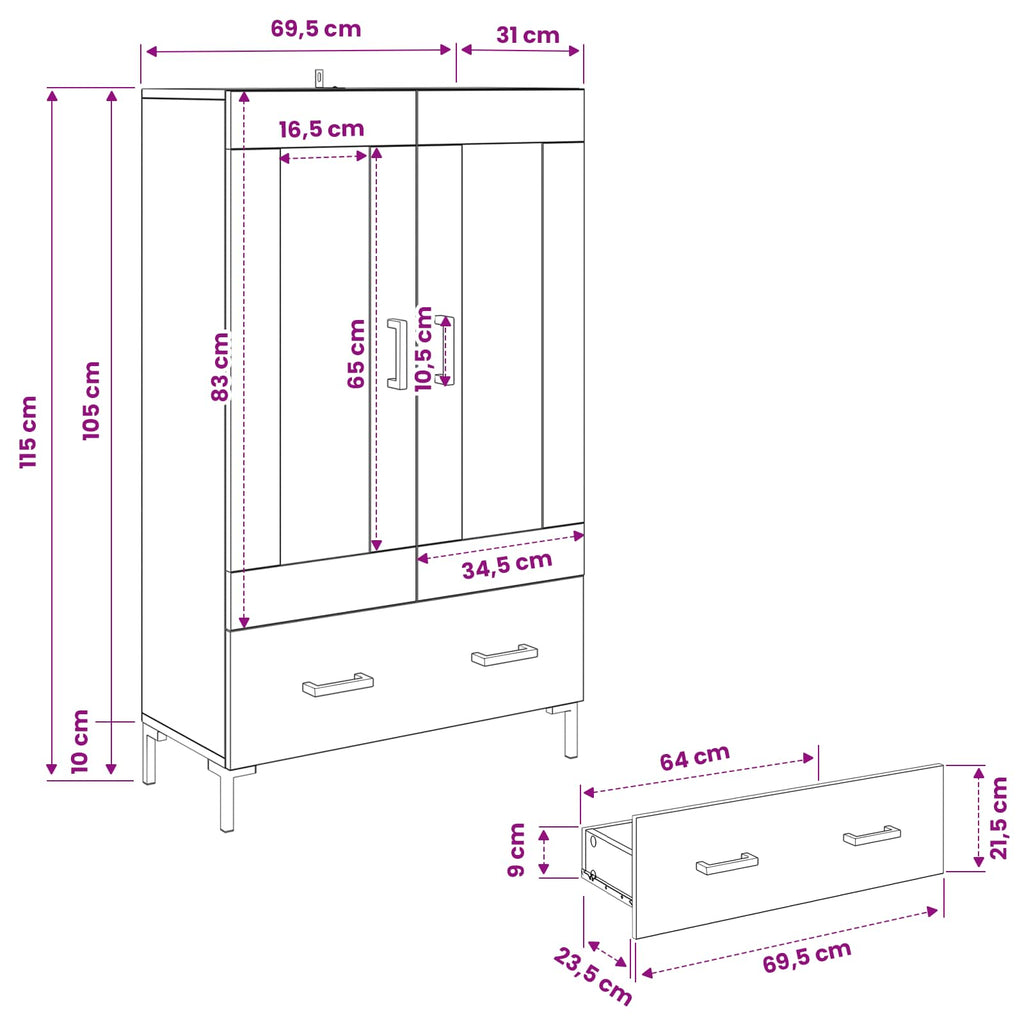 vidaXL Highboard Czarny Dąb 69,5 x 31 x 115 cm Materiał drewnopochodny