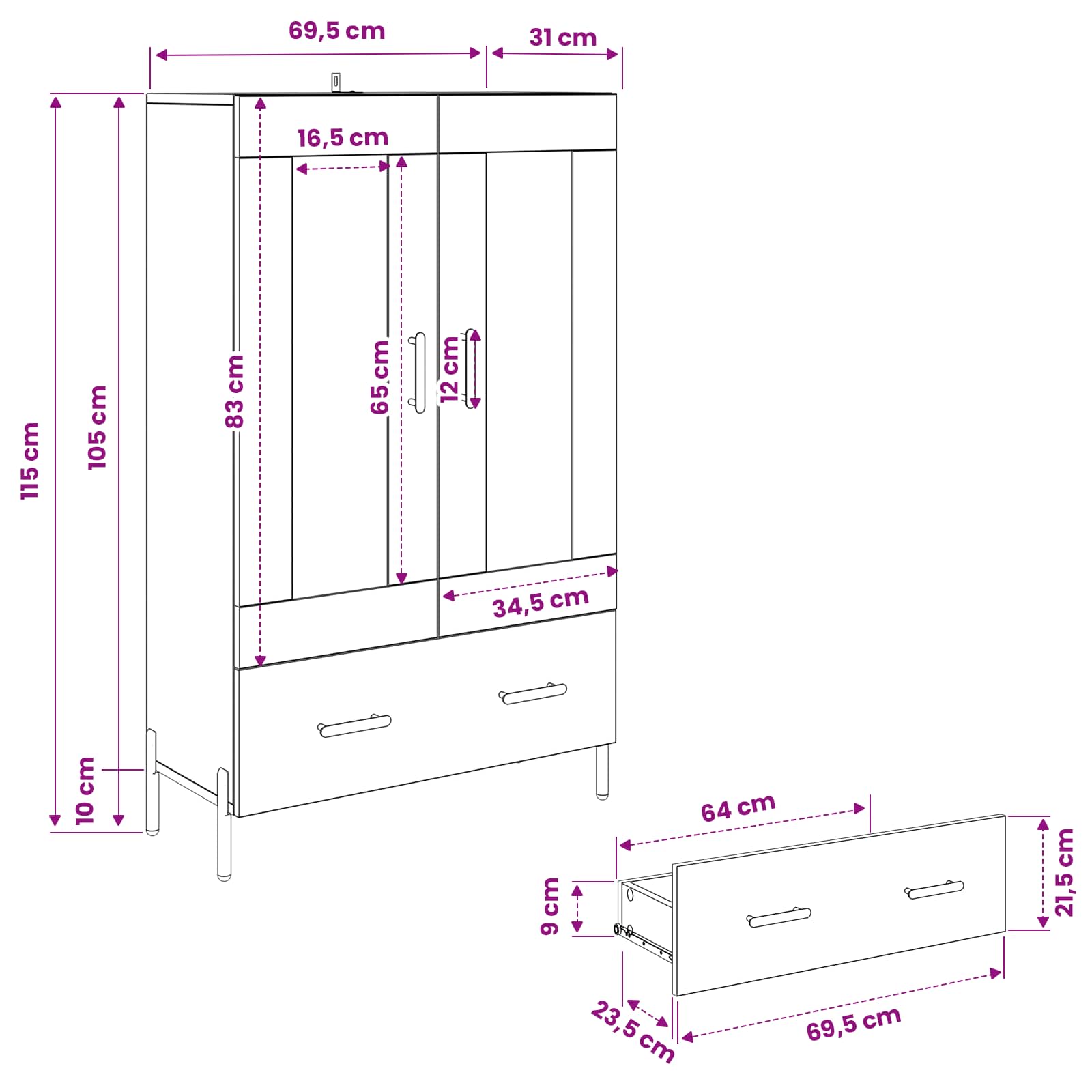 vidaXL Highboard Corona Dąb rzemieślniczy 69,5 x 31 x 115 cm